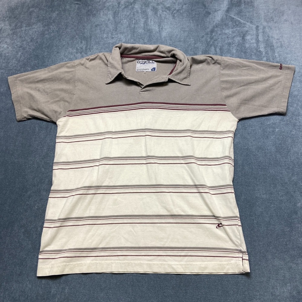 O'Neill Americana Polo Shirt Men Large Gray Tan Striped Short Sleeve Performance